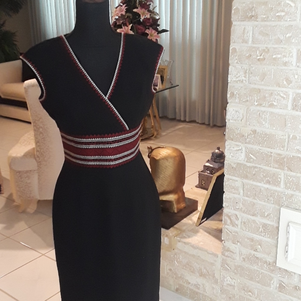 Gorgeous Black Dress trimmed in red and Cream